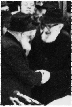Rabbi Joseph B. Soloveitchik is greeted by the Rebbe at a gathering in Lubavitch World Headquarters.